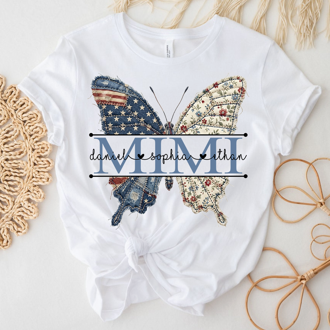 Custom Mimi Butterfly T-Shirt, Patriotic 4th of July Gift For Grandma And Kids