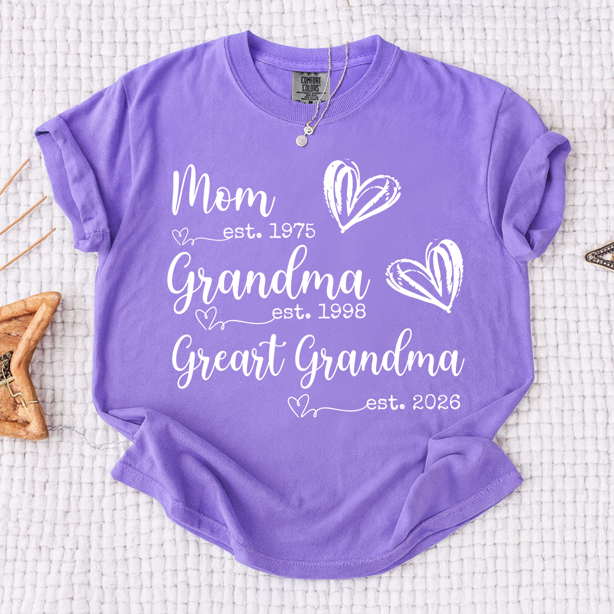 Comfort Colors® Custom T-Shirt for Mom, Grandma, and Great Grandma with EST Dates, Personalized Family Gift