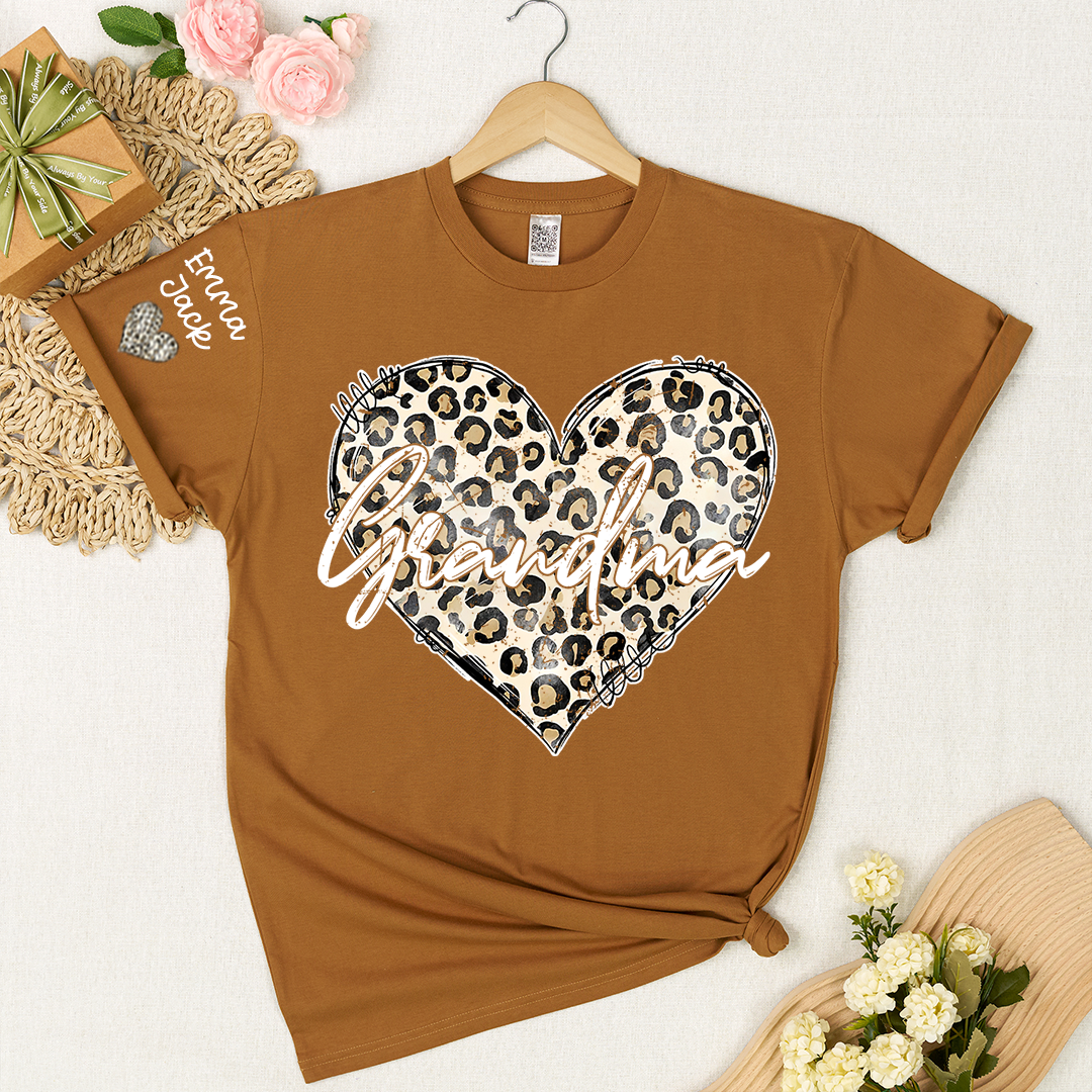 Personalized Grandma Shirt with Leopard Heart Design, Custom Family T Shirt