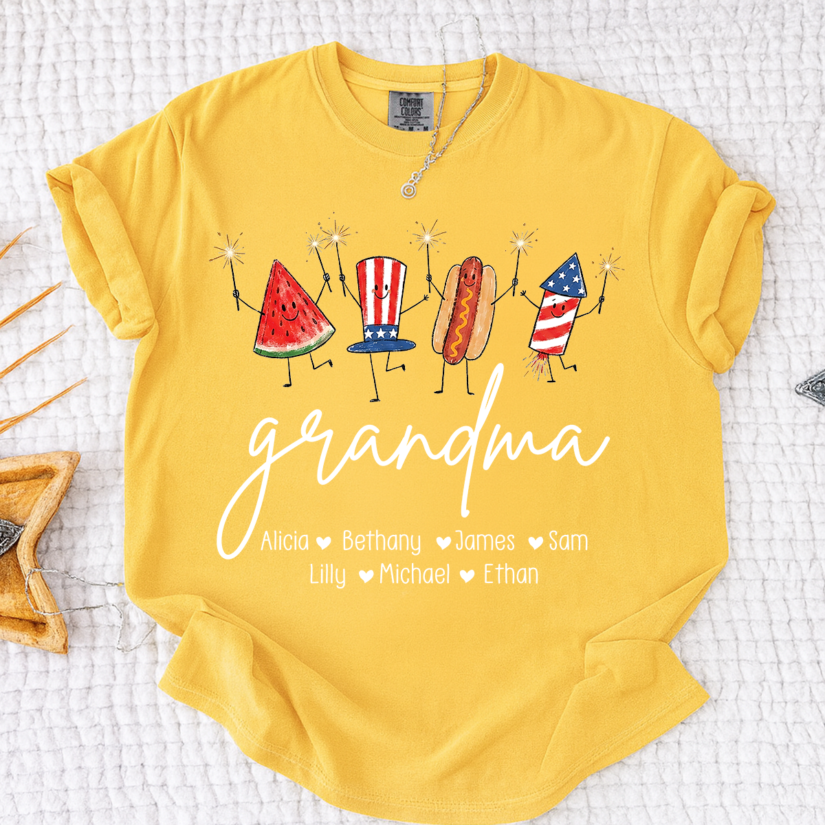 Comfort Colors® Personalized Grandma 4th of July Shirt with Grandkids Names, Patriotic Firecracker Family Tee, Custom Independence Day Grandma Gift