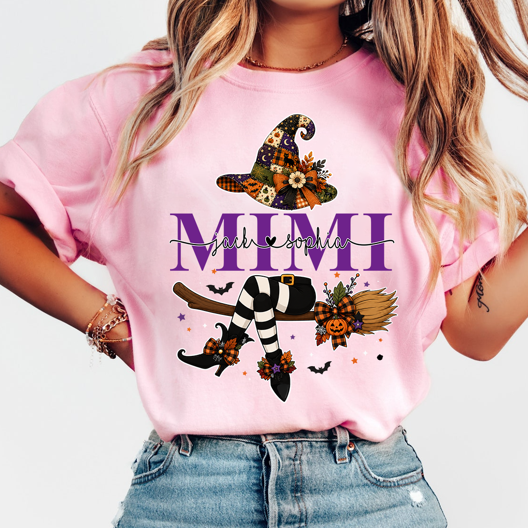 Mimi Halloween Witch Shirt for Women, Cute Fall Pumpkin Graphic Tee, Personalized Grandma T Shirt, Cozy Autumn Outfit Gift
