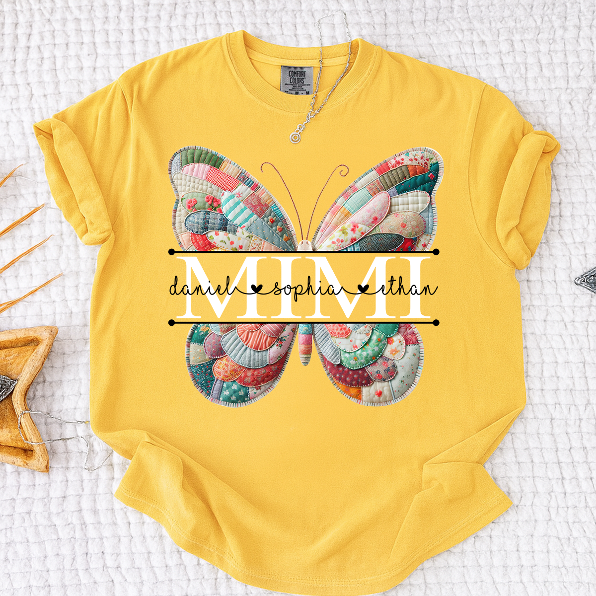 Custom Mimi T Shirt with Butterfly Patchwork Graphic, Personalized Family Names Tee