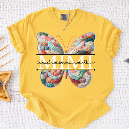 Custom Mimi T Shirt with Butterfly Patchwork Graphic, Personalized Family Names Tee