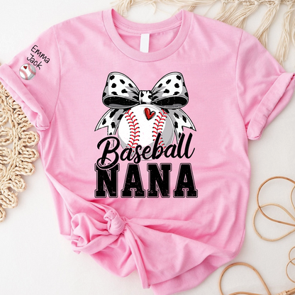 Proud Baseball Nana T Shirt, Personalized Kids Names Sports Shirt with Bow Graphic
