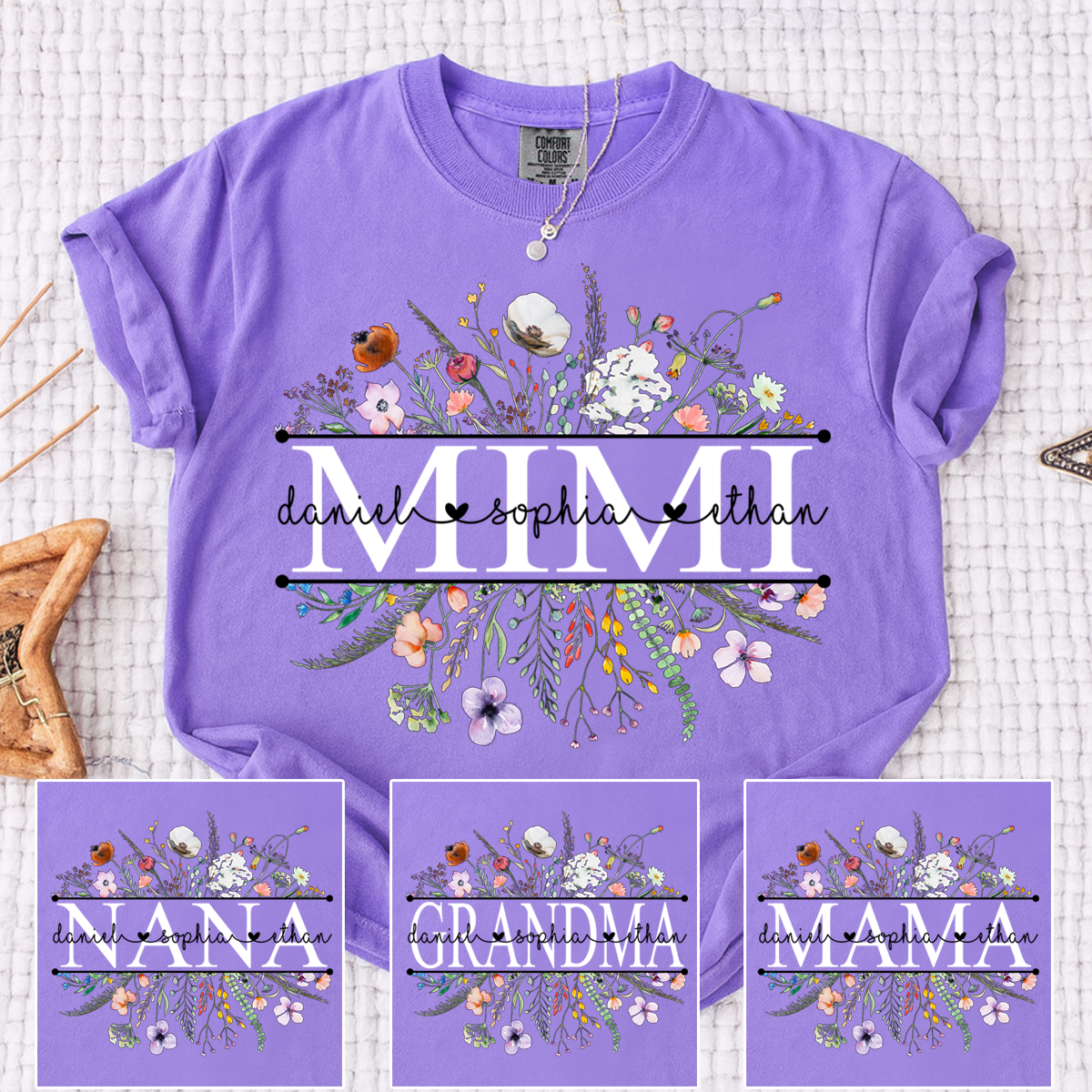 Comfort Colors Personalized Grandma Monogram Shirt, Custom Family Names Floral T-Shirt