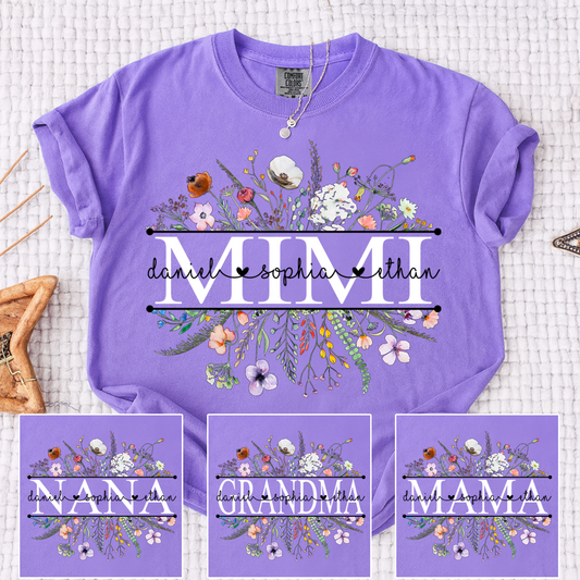 Comfort Colors Personalized Grandma Monogram Shirt, Custom Family Names Floral T-Shirt
