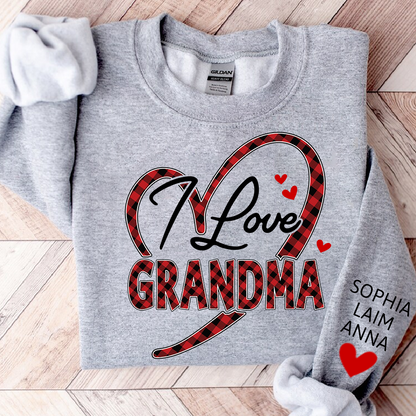 Custom Grandma Sweatshirt with Grandchildren Names, I Love Grandma Plaid Heart Crewneck