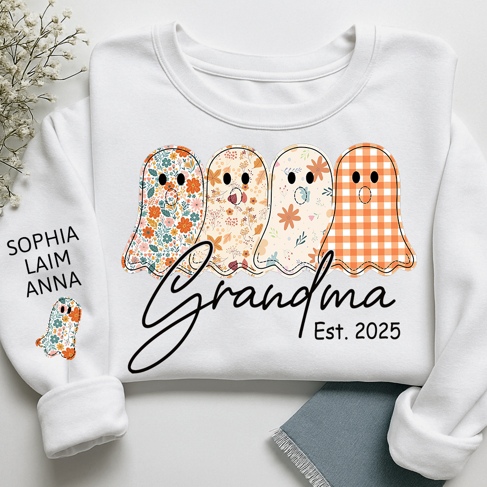 Personalized Fall Ghost sweatshirt, Custom Kids name on sleeve, For Gift Grandma