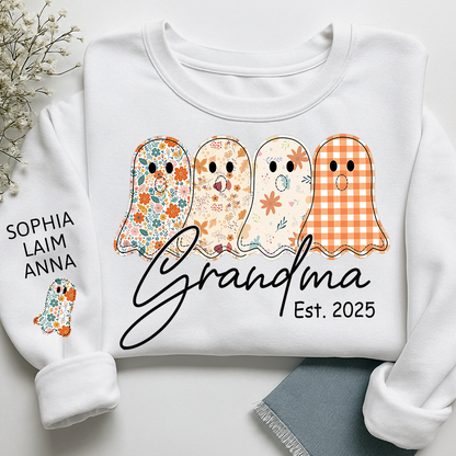 Personalized Fall Ghost sweatshirt, Custom Kids name on sleeve, For Gift Grandma