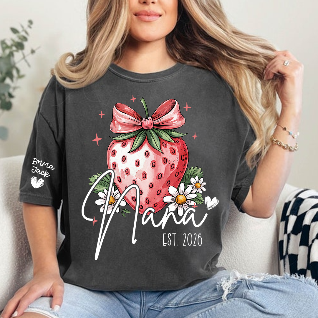 Mimi Strawberry Shirt, Cute Bow Floral Graphic Tee, Personalized Grandma T Shirt, Gift for Mimi from Family
