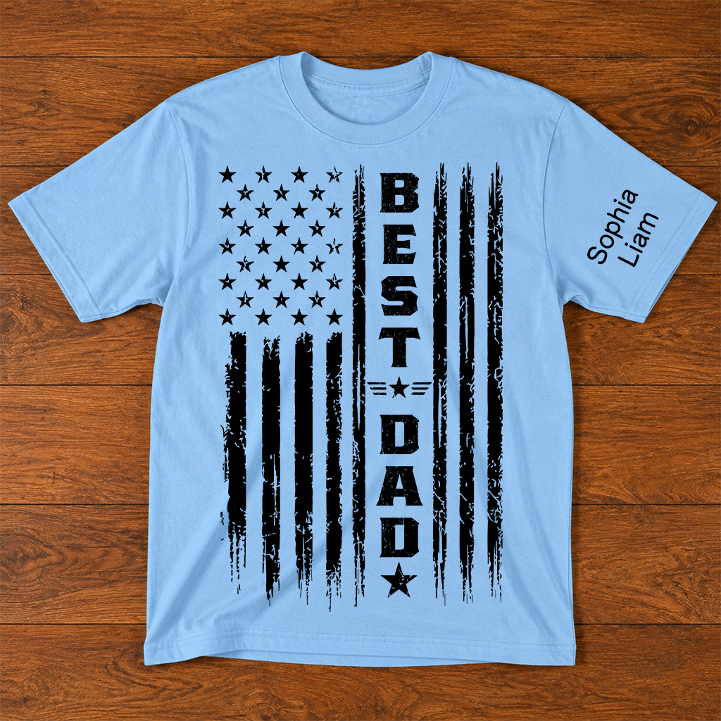 Best Dad Patriotic T-Shirt – Custom Kids Names American Flag Design Gift for Daddy Papa Fathers Day Birthday