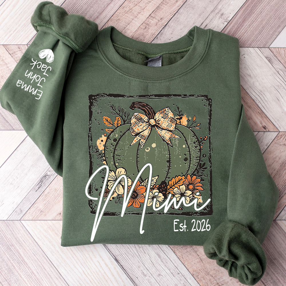 Mimi Pumpkin Shirt for Women, Floral Fall Bow Design Tee, Personalized Grandma T Shirt, Cozy Autumn Gift Idea