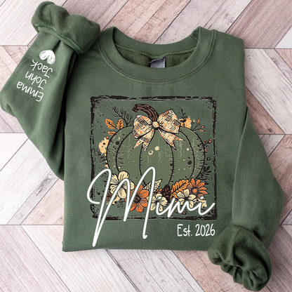 Mimi Pumpkin Shirt for Women, Floral Fall Bow Design Tee, Personalized Grandma T Shirt, Cozy Autumn Gift Idea