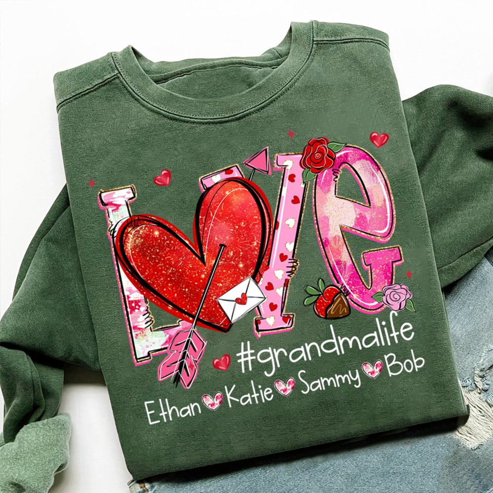 Custom Grandma Life Love Sweatshirt, Heart Patchwork Valentine Gift For Grandma And Kids