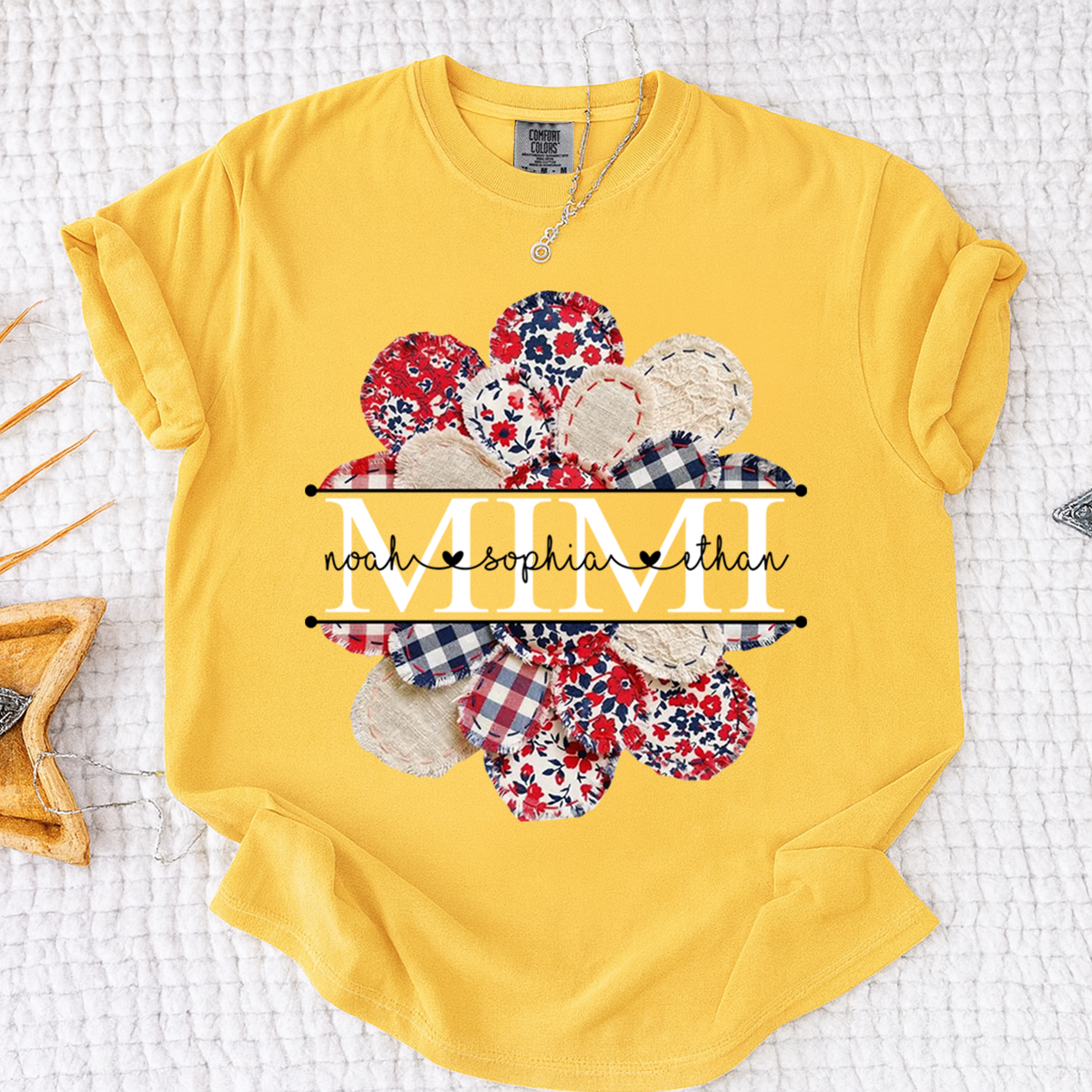 Comfort Colors Custom Mimi T-shirt with Grandkids Names, Red and Blue Floral Patchwork