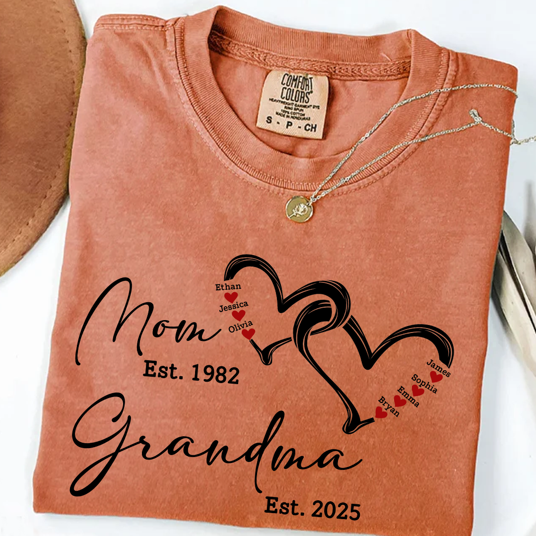Custom Comfort Colors® Mom Est Grandma Est Hearts Kids Name