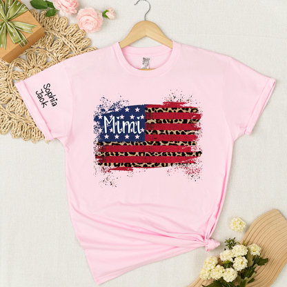 Personalized Mimi American Flag Shirt Leopard USA Flag Custom Kids Names T Shirt Patriotic Grandma Gift Fourth of July Family Matching Tee