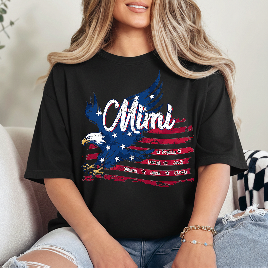 Custom NameEagle T Shirt, Personalized Grandkids Names American Flag Eagle Shirt 4th of July Gift for Grandma