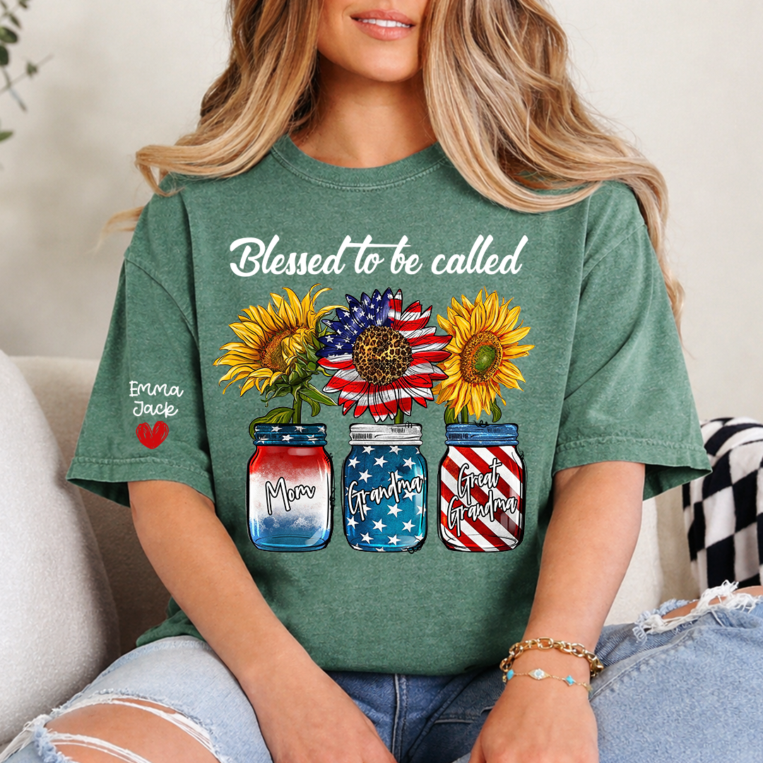 Blessed to be Called Nana Shirt, Custom Family T-Shirt with Sunflower and Flag Design, Give Family