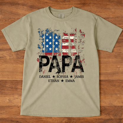 Comfort Colors® Papa American Flag Shirt With Name, Personalized Dad T Shirt Patriotic Style
