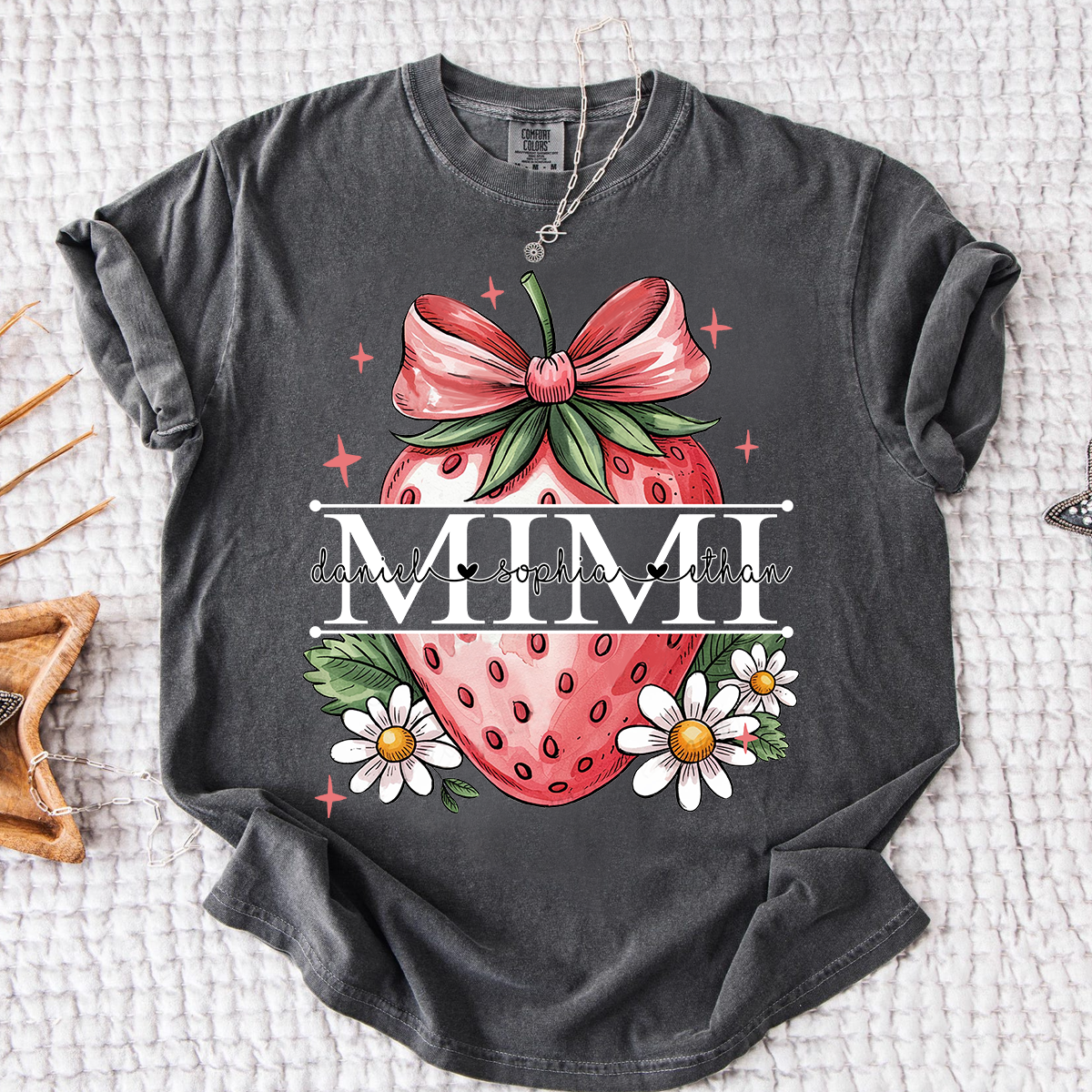 Comfort Colors® Custom Mimi T Shirt with Strawberry Bow Design, Floral Grandma Graphic Tee, Cute Summer Fruit Shirt for Mimi