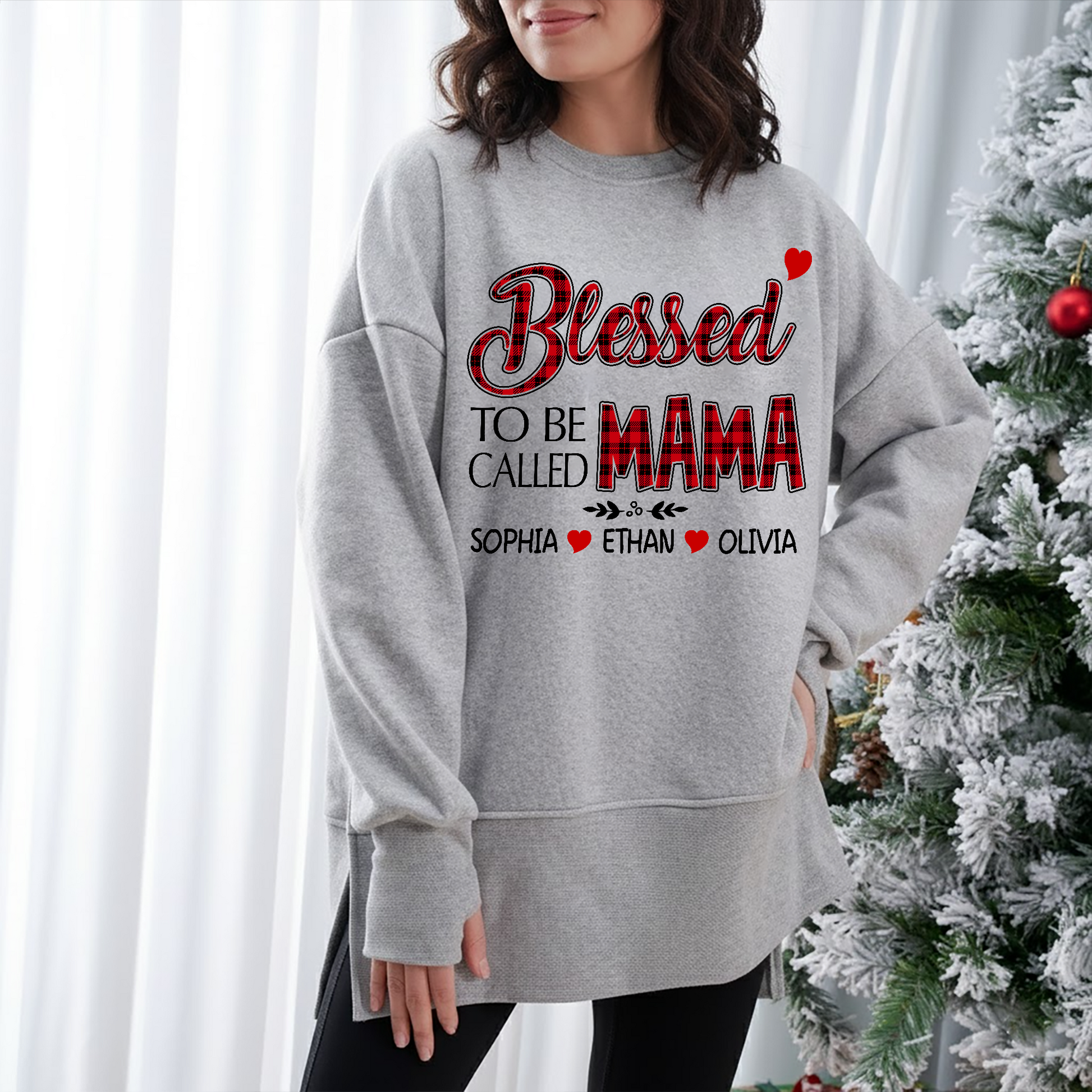 Blessed To Be Called Mama Sweatshirt – Personalized Oversized Pullover with Kids’ Names, Cozy Thumbhole Long Sleeve for Moms