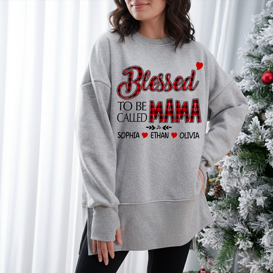 Blessed To Be Called Mama Sweatshirt – Personalized Oversized Pullover with Kids’ Names, Cozy Thumbhole Long Sleeve for Moms