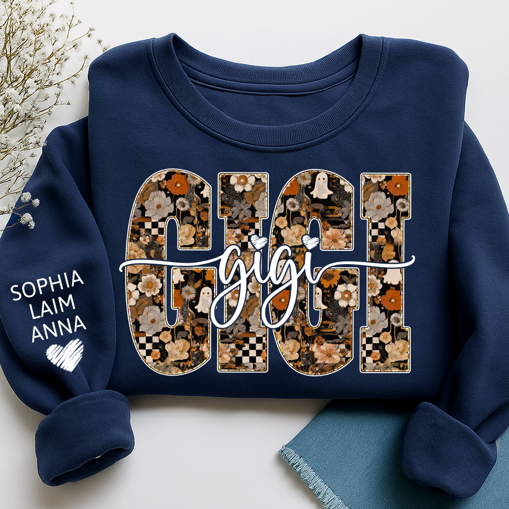 Personalized Gigi Spooky Halloween Sweatshirt with kids’ names on sleeves, Give Family