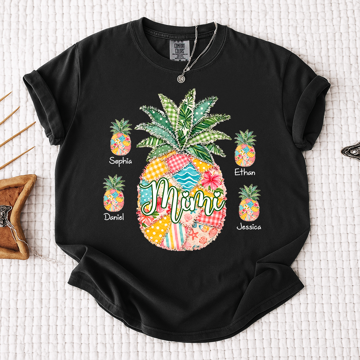 Comfort Colors Personalized Mimi Pineapple Shirt with Grandkids Names, Custom Grandma Tropical T Shirt for Women, Summer Beach Family Gift