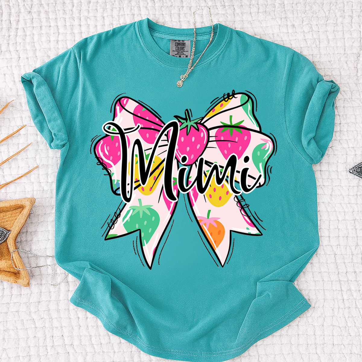 Comfort Colors® Mimi Strawberry Bow Shirt, Cute Grandma Bow Shirt for Women, Fruit Pattern Mimi Tee, Gift for Mimi And Kids