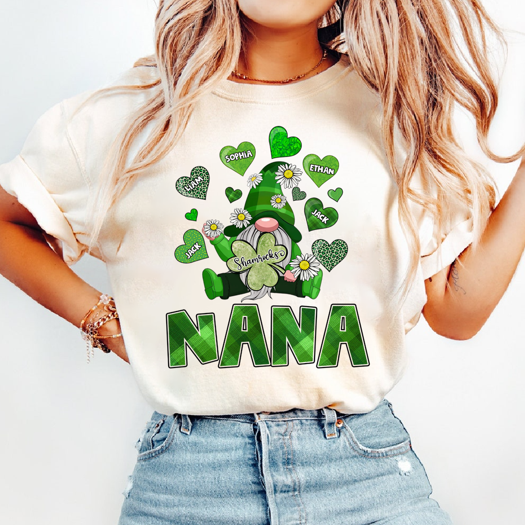 Nana Shamrock Shirt for St Patrick’s Day, Personalized Family Gnome T Shirt, for Grandma and Kids