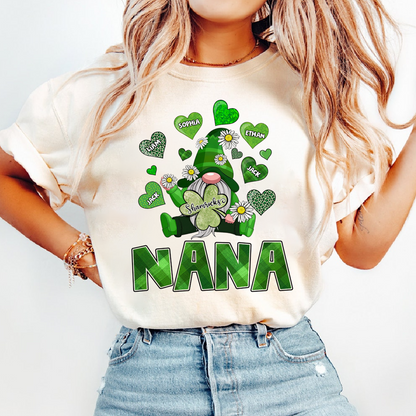 Nana Shamrock Shirt for St Patrick’s Day, Personalized Family Gnome T Shirt, for Grandma and Kids