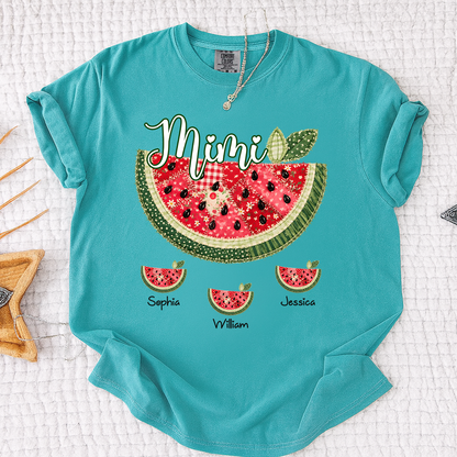 Comfort Colors Custom Mimi Watermelon Patchwork Tee, Personalized Grandma Shirt with Kids Names, Summer Vacation Family Gift for Women