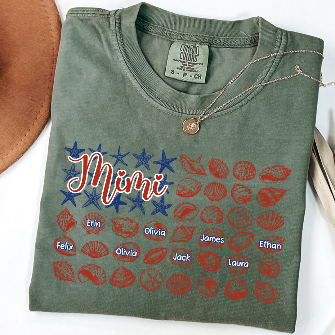 Comfort Colors Custom Mimi Shirt with Kids Names, Personalized Beach Shells Grandma Tee, Summer Family Vacation Gift for Grandmother