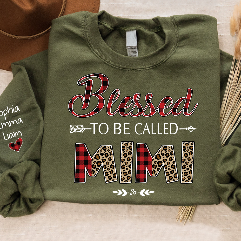 Personalized Blessed To Be Called Nana Sweatshirt With Grandkids Names, Custom Grandma Gift, Leopard Plaid Nana Crewneck