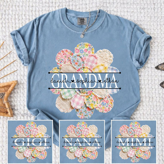 Comfort Colors Personalized Grandma Patchwork Flower Shirt, Custom Nana Mimi Gigi Tee With Grandkids Names, Vintage Fabric Floral Design Grandmother Gift Family Mothers Day Grandma Apparel