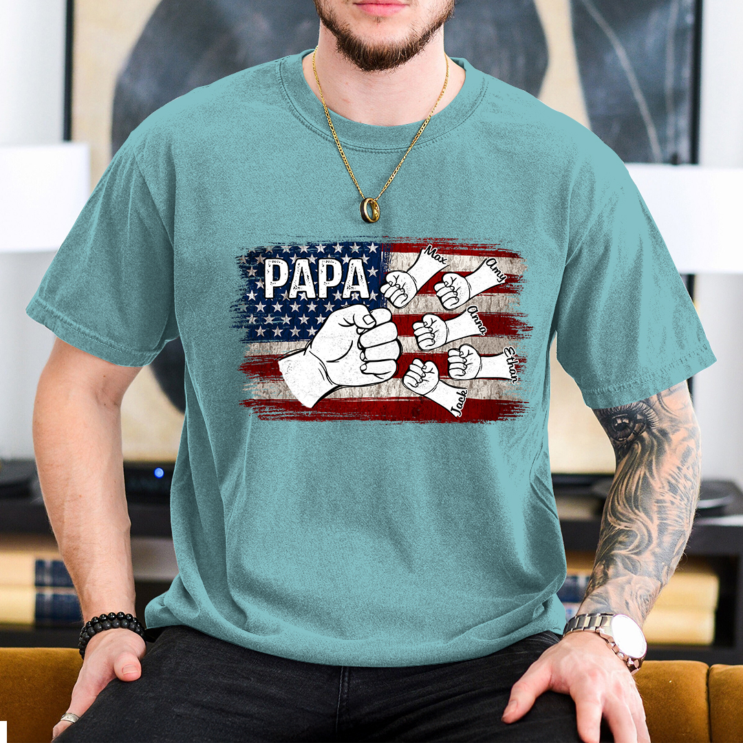 Comfort Colors® Papa Fist Bump Shirt with Kids Names – American Flag Custom T-Shirt for Dad