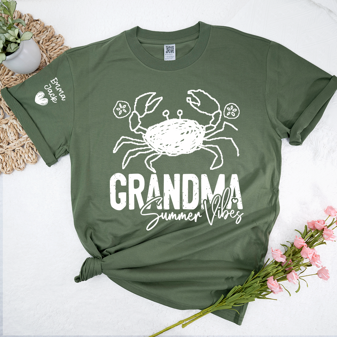 Funny Grandma Beach Shirt, Summer Vibes Crab Graphic Tee, Coastal Grandma Apparel