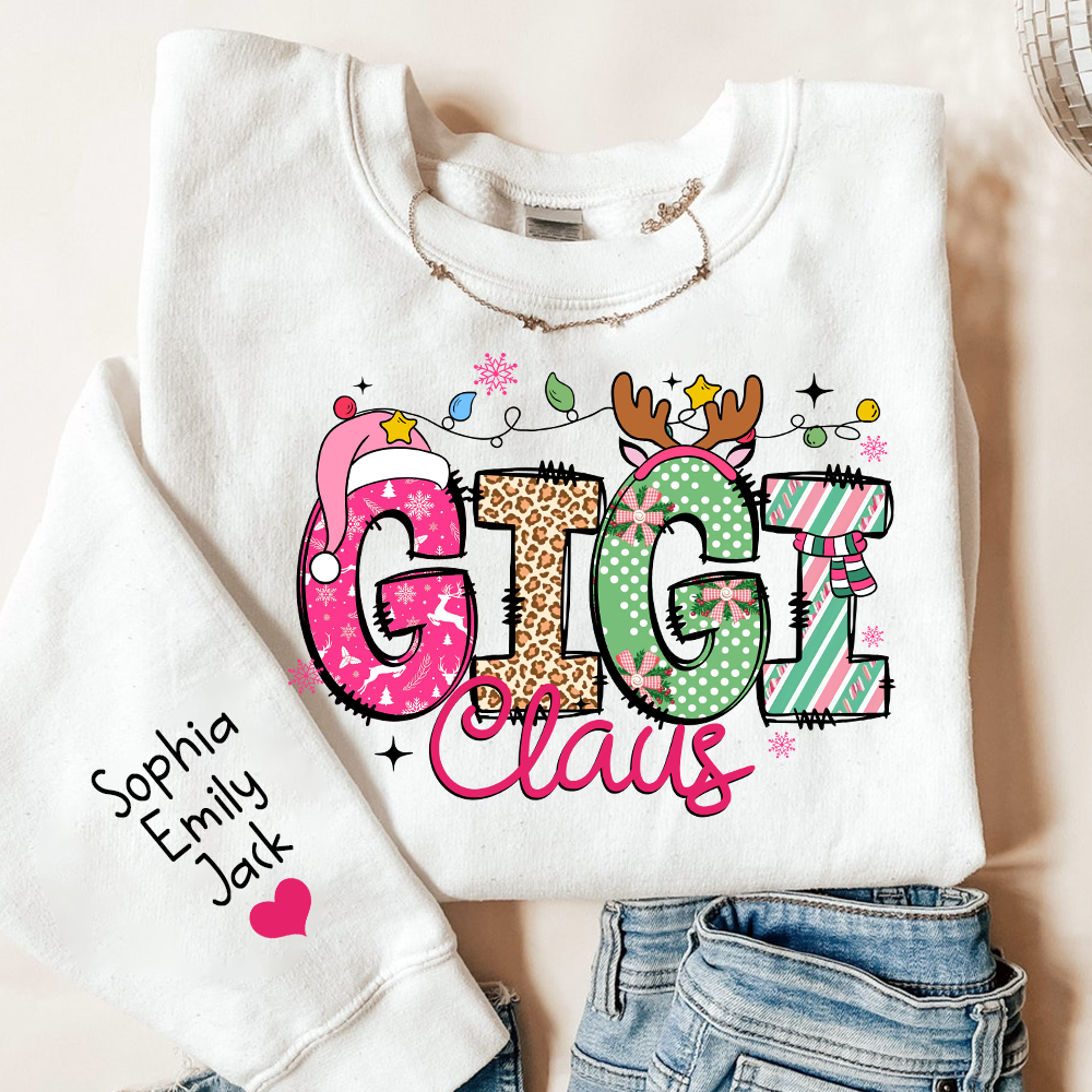 Personalized Grandma Sweatshirt, Merry Christmas Design with Grandchild's Name on Sleeve