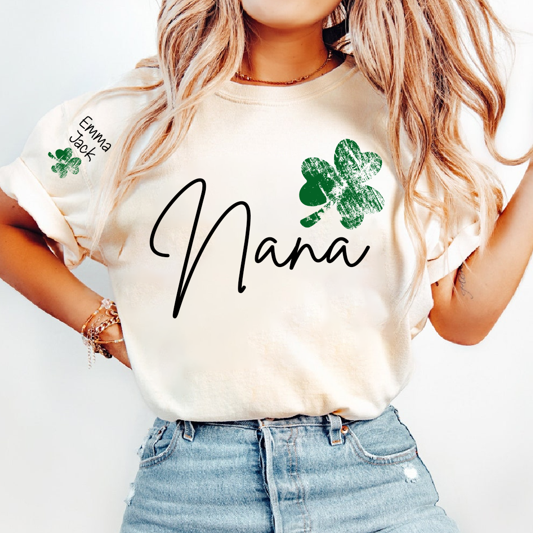 Lucky Grandma St Patrick’s Day T Shirt, Nana Shamrock Custom Names Design