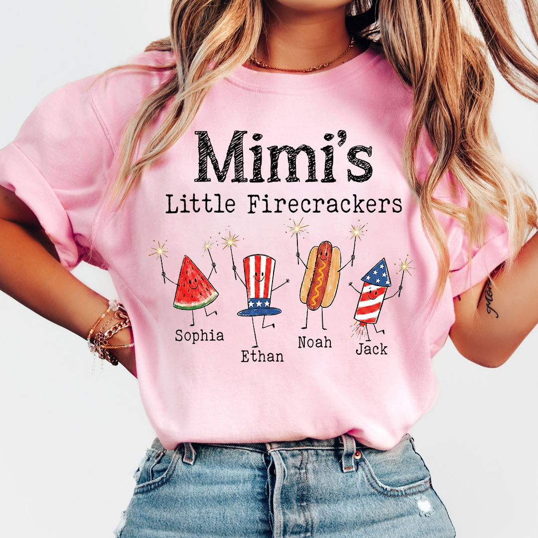 Personalized Mimi's Little Firecrackers Shirt, Custom Grandma Tee with Grandkids Names, Patriotic 4th of July Family Shirt for Mimi