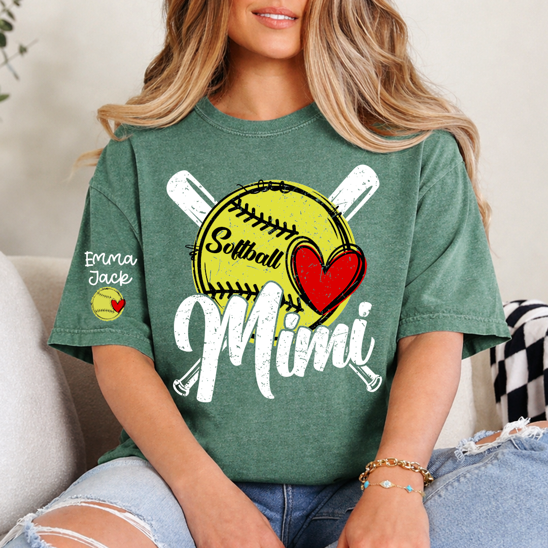 Mimi Softball Shirt with Heart Design, Personalized Family T Shirt with Custom Names