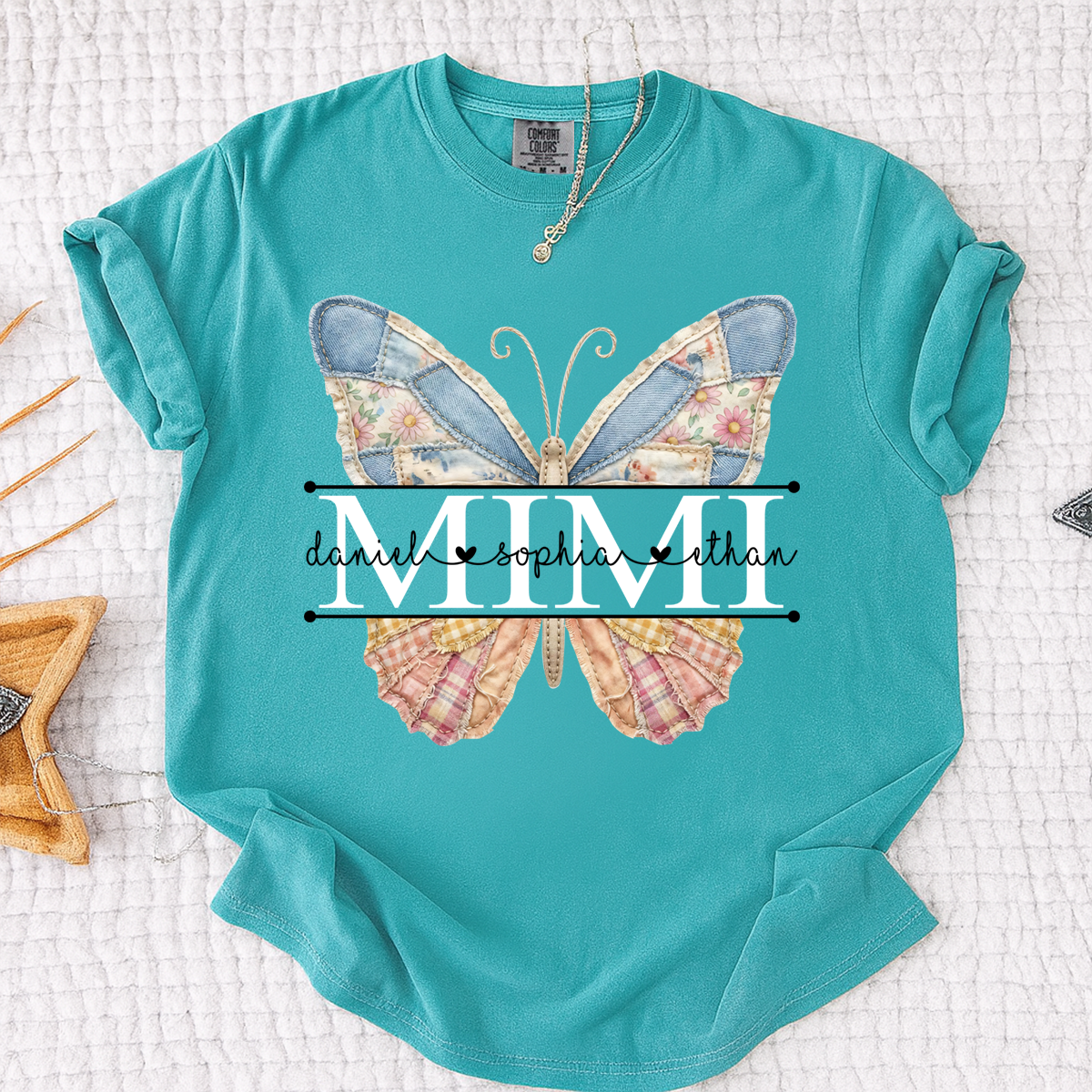 Comfort Mimi Patchwork Butterfly Shirt, Custom Grandkids Names with Floral Family Design Tee