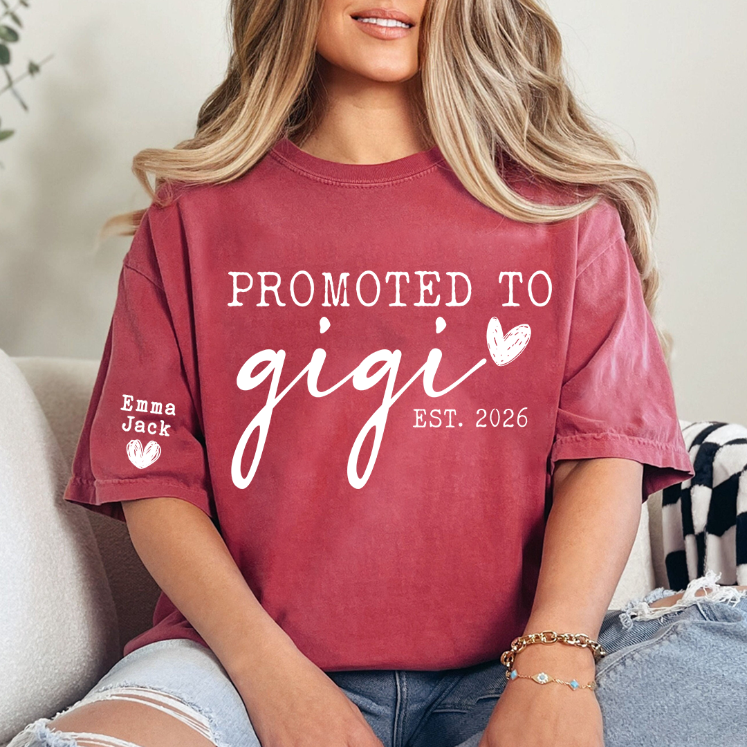 Promoted To Gigi Est 2026 Shirt, Personalized Grandkids Names Sleeve Tee, New Gigi Gift, First Time Grandma Announcement Shirt