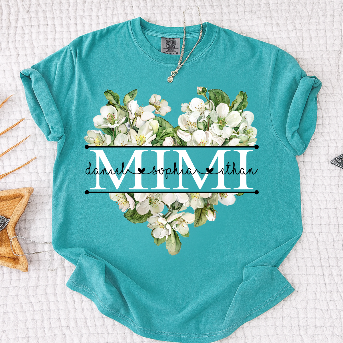 Comfort Custom Mimi T Shirt with Grandkids Names, White Floral Heart Family Tee