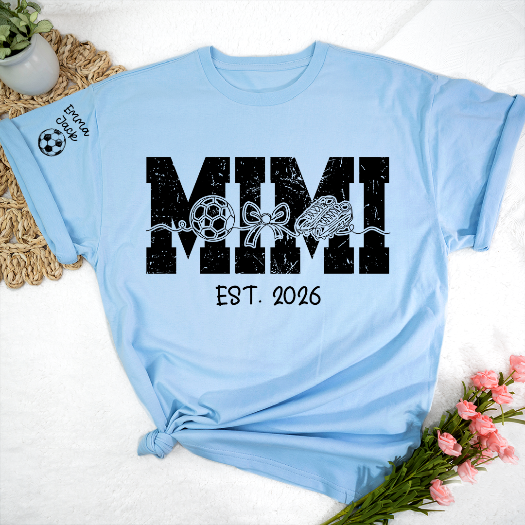 Mimi Est 2026 Soccer Grandma Shirt Personalized Grandkids Names Family T Shirt