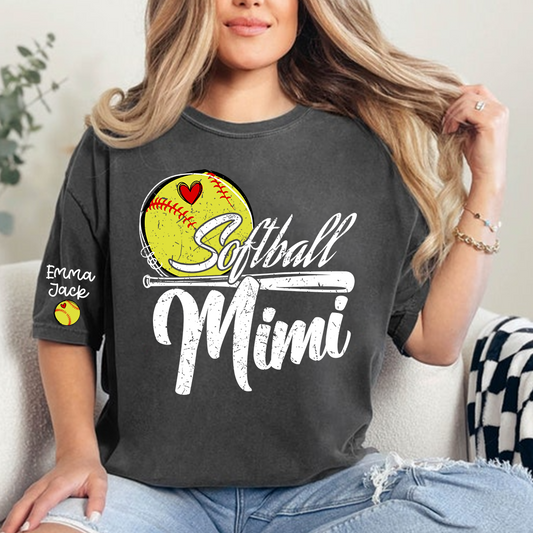 Personalized Mimi Softball Shirt, Heart and Bat Design with Custom Grandkids Names