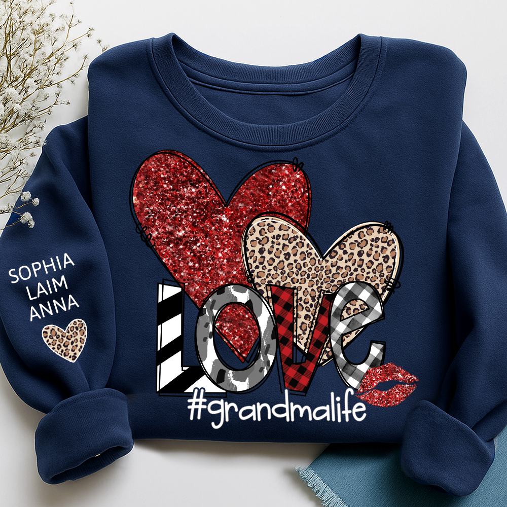 Custom Grandma Life Love Sweatshirt, Leopard & Glitter Heart Design For Grandma And Kids