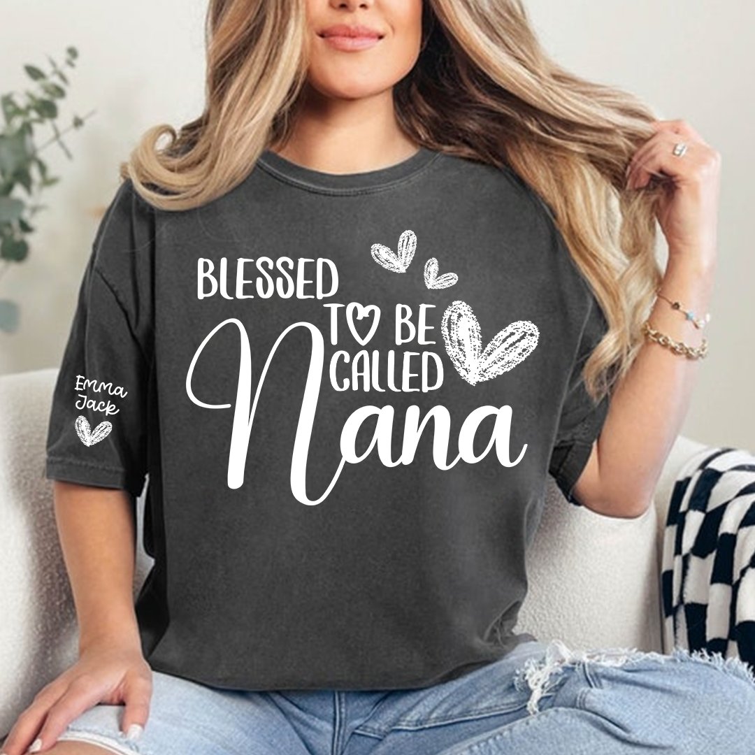 Blessed To Be Called Nana Personalized T-Shirt, Custom Name Nana Tee with Heart Graphic