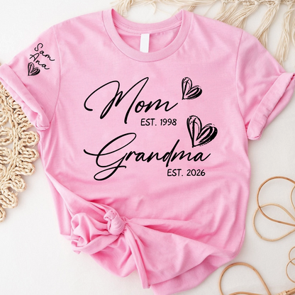 Custom EST Year Mom and Grandma T-Shirt, Personalized Family T-Shirt with Heart Design for Mom & Grandma